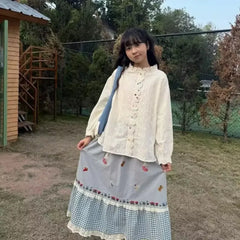 Cyflymder  Harajuku Y2K Sweet Plaid Patchwork Loose A-line Skirts Women Party Splice Lace Elastic Waist Floral Embroidery Skirt 028B