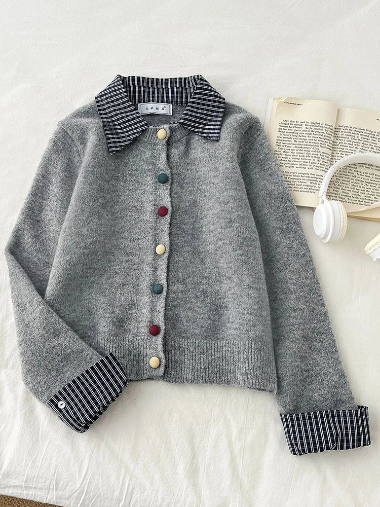 Cyflymder  Retro Patchwork Cardigan Sweaters Women Loose Casual Korean Knitted Coat Vintage Long Sleeve Design Buttons Sweet Gray Top