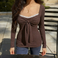 Cyflymder  90s Aesthetic Polka Dot Blouse Women Brown Lace Trim Square Neck Tie Front Ruched Long Sleeve Casual Top T Shirt Fashion Outfit
