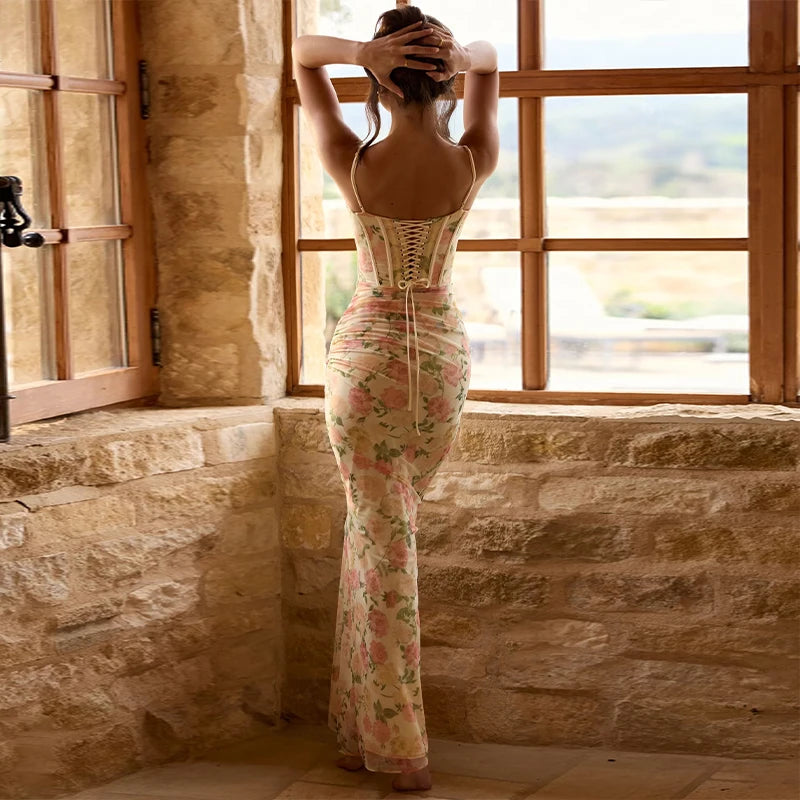 Cyflymder  Floral Corset Bustier Dress with Lace Trim Summer Romantic Evening Dress for Wedding Fashion Elegant Chic Women Vestido