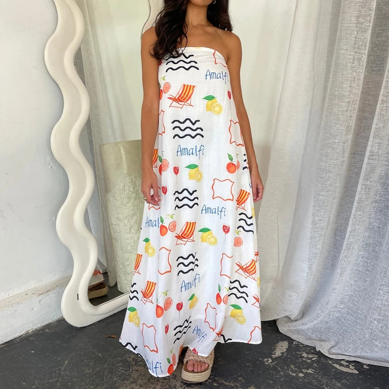 Cyflymder  Beach Holiday Strapless Maxi Tube Dress Vintage Fruit Print Backless Swing Loose Dress Women Summer Boho Off Shoulder Long Dress