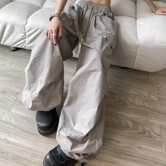 Cyflymder  American Fashion Folds Pockets Pants Spring Summer Solid Color Women's Clothing Loose Elastic Drawstring Wide Leg Cargo Trousers