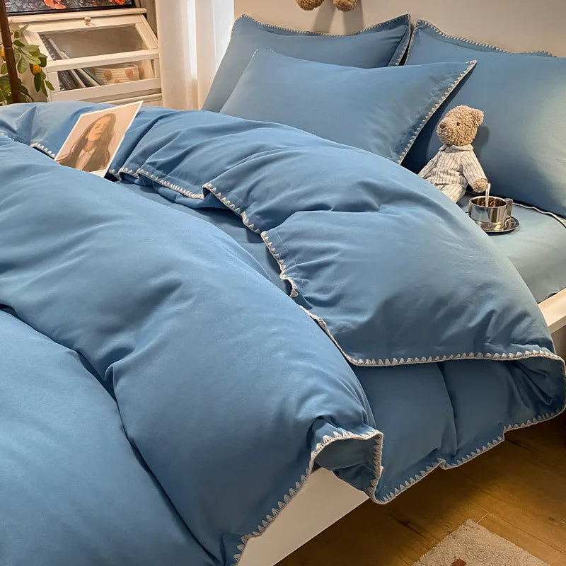Cyflymder  Solid Color Bedding Set with Shell Edges Skin Friendly Simple Soft Duvet Cover Kit Cozy Fitted Sheet Set for Autumn Winter