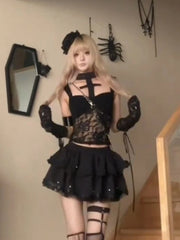 Cyflymder  New Gothic Lace Hollow Women 2 Piece Sets Punk Sling Neck Y2k Tops + Design Black Cake Skirt Fashion Sweet Retro Outfits Summer