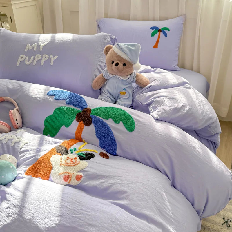 Cyflymder  New Cartoon Embroidery Bed Sets Super Soft and Cute Bedding Set for Kids Adults Comforter Cover Kit for Single and Double