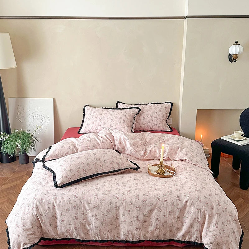 Cyflymder  Korean Princess Floral Ruffles 100% Cotton Double Layer Yarn Soft Bedding Set Single Queen King Duvet Cover Bed Sheet Pillowcase