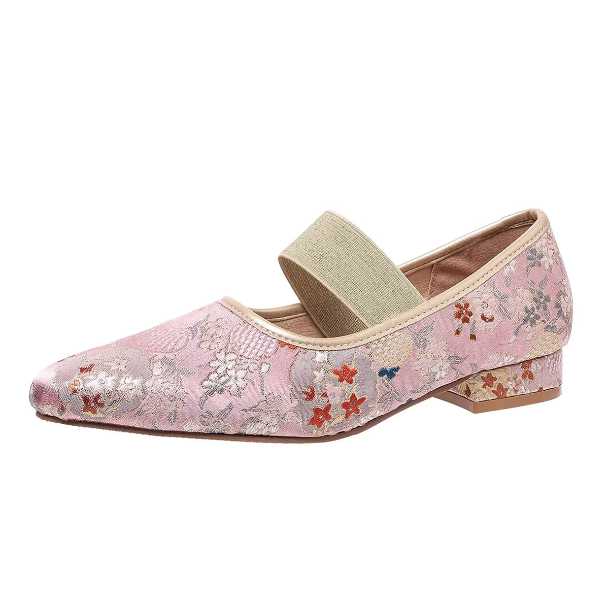 Cyflymder  Women's Low Heels Shoes Woman Elastic Band Point Toes PUmps Shallow Cloth Fabric Embroidery Women Ladies Square Heel Shoe