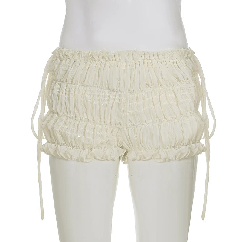 Cyflymder  Beige Folds Textured Chiffon Shorts Women Summer Elastic Waist Bottoms All match Casual Shorts Grunge Fairycore