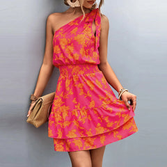 Cyflymder  Womens Floral Print One Shoulder Tiered Mini Dress Smocked Waist Sleeveless Ruffle Hem Flowy Summer Dress Party Dress For Women