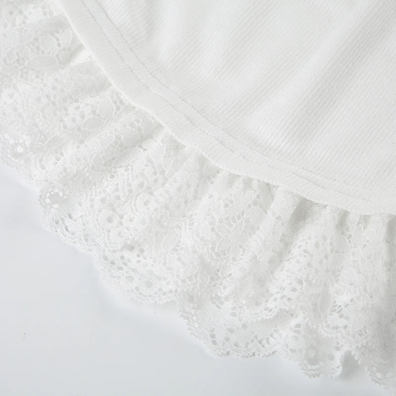 Cyflymder  Casual Lace Trim Folds T Shirt With Scarf Sweet Slim Solid Square Collar Short Sleeve Tees Women 2025 Summer Fashion