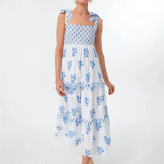 Cyflymder  Women Y2k Boho Maxi Dress Sleeveless Tie Shoulder Smocked Flowy Dress Fashion Floral Summer Beach Holiday Sundress