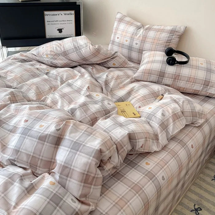 Cyflymder  Fashion Pure Cotton Grid Pattern Bedding Sets Skin Friendly Comfortable Bed Sheet Set for Adults Dormitory Home Quilt Cover Kit