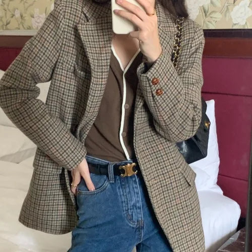Cyflymder  Retro Briti Sle Plaid Woolen Coat Women's Chic Lapel Single Button Suit Jaet Trendy Mid-Length Long Sve Busin Wear