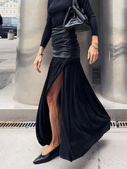 Cyflymder  PU Leather Patchwork Side Split Skirt Women Slim High Waist Pleated Fashion Party Skirts 2025 Summer Autumn Straight Street