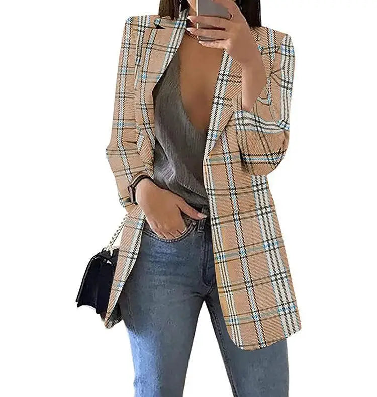 Cyflymder  Women's Faion Plaid Casual Suit Lapel Cardigan Jaet Slim Fit Long Sve Autumn Collection Ele Office Wear