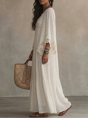 Cyflymder   Beach Style Long Dress for Women White V-Neck Batwing Sleeve Lace Splice Elegant Loose Dress Summer Fashion Vacation Dresses