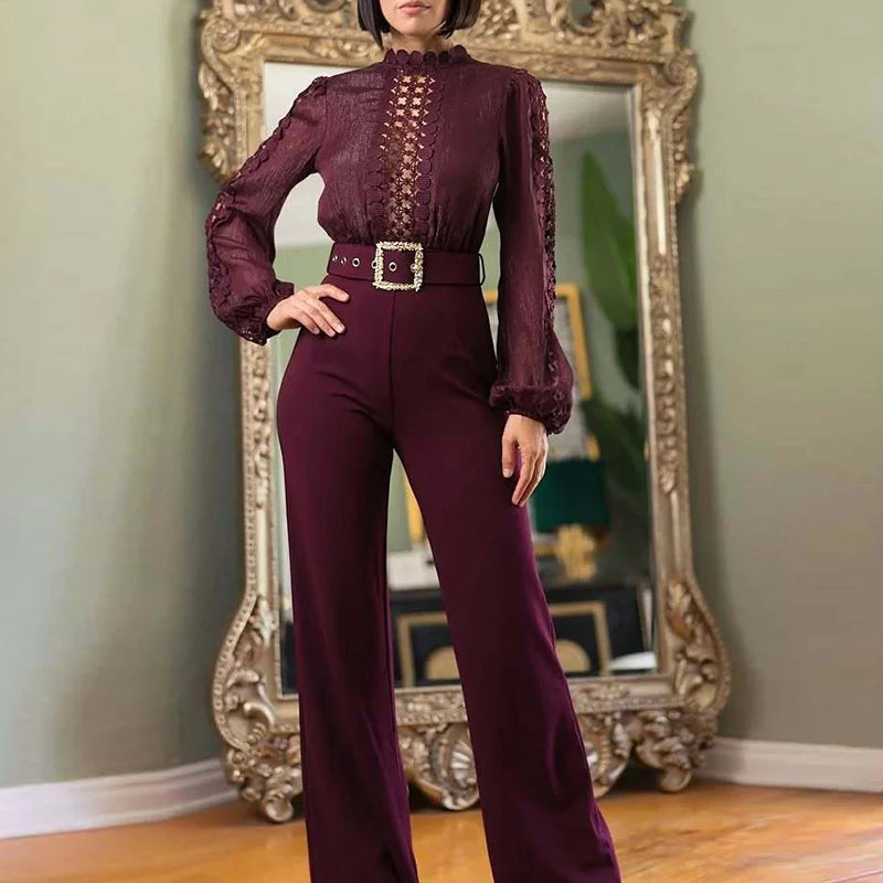 Cyflymder  Women Casual O-neck Long Sleeve Party Romper Elegant Lace-Up Belt Waist Solid Playsuits Fashion Patchwork Hollow Long Jumpsuit