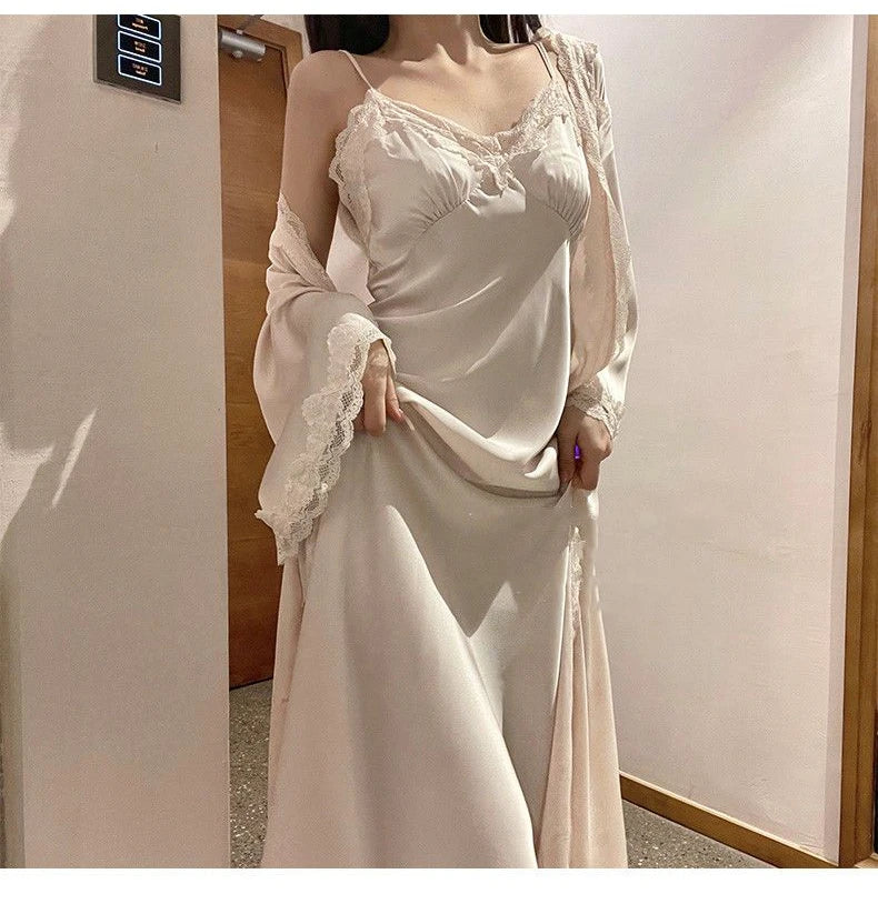 Cyflymder Autumn Silk Sexy Lace Dress Women Casual Korean Elegant Long Dresses Female Fashion Court Party Matching Two Piece Clothing
