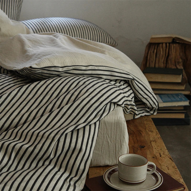 Cyflymder  Linen Cotton Simple Stripes Jacquard Nordic Style Bedding Set Single Double Queen King Duvet Cover Flat/Fitted Sheet Pillowcase