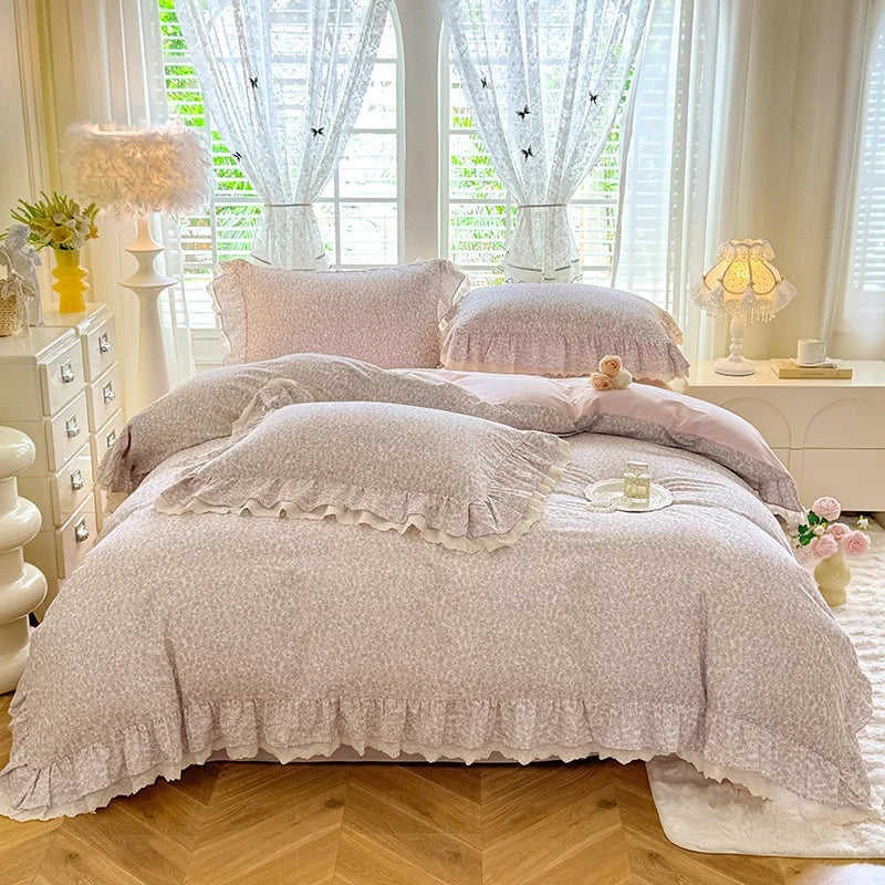 Cyflymder  Korean Princess Style Small Florals Lace Ruffles 600TC Cotton Brushed 4Pcs Bedding Set Duvet Cover Flat/Fitted Sheet Pillowcases