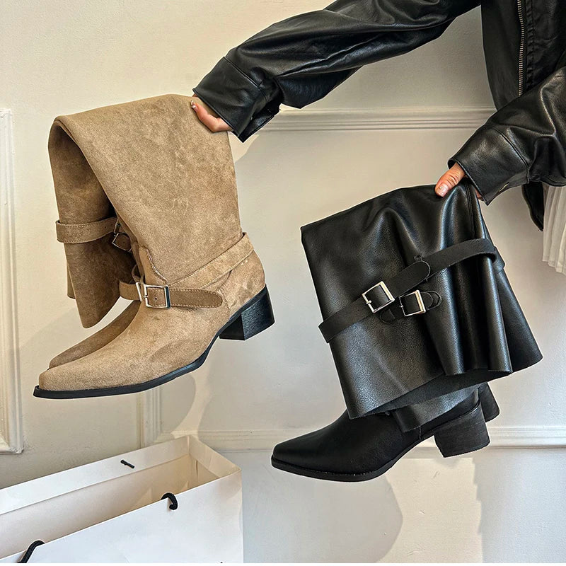 Cyflymder  Autumn Winter Pleated Women Knee High Boots Vintage Square Low Heels Shoes Female Belt Buckle Long Booties