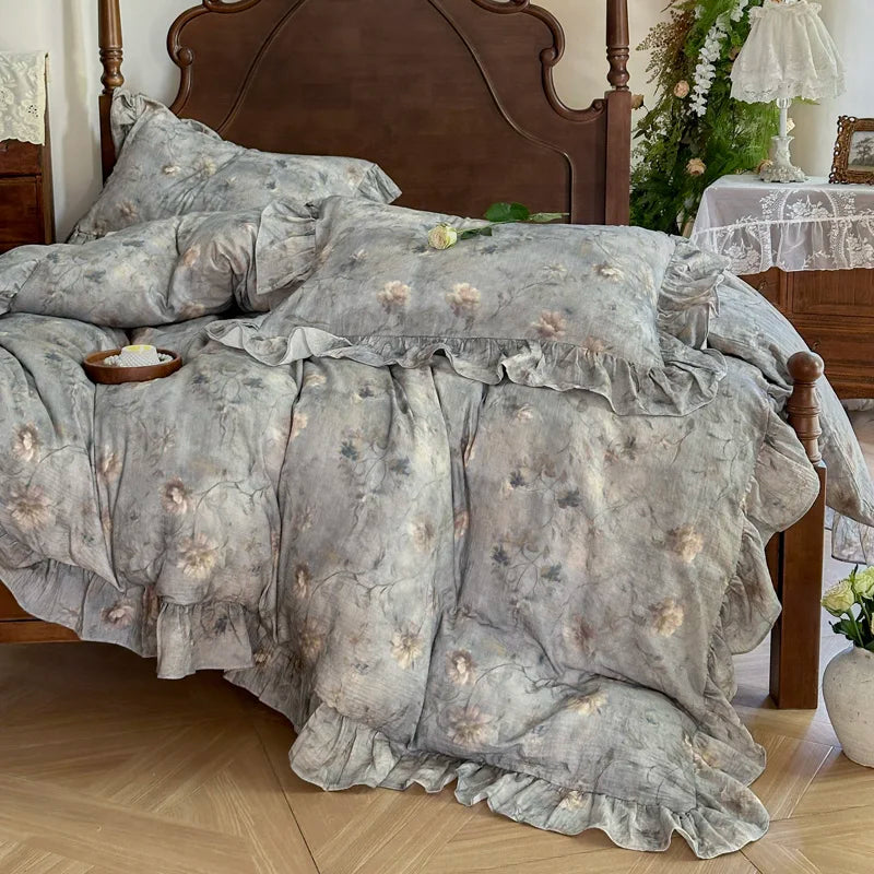 Cyflymder  Vintage Oil Painting Style Flowers Ruffles Bedding Set Double Layer Yarn 100% Cotton Duvet Cover Flat/Fitted Sheet Pillowcases
