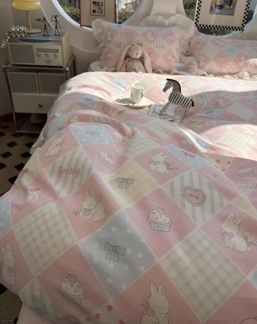 Cyflymder  Cute sweet pink blue rabbit bow cake bedding set,twin full queen lovely kawaii cotton home textile sheet pillow case quilt cover