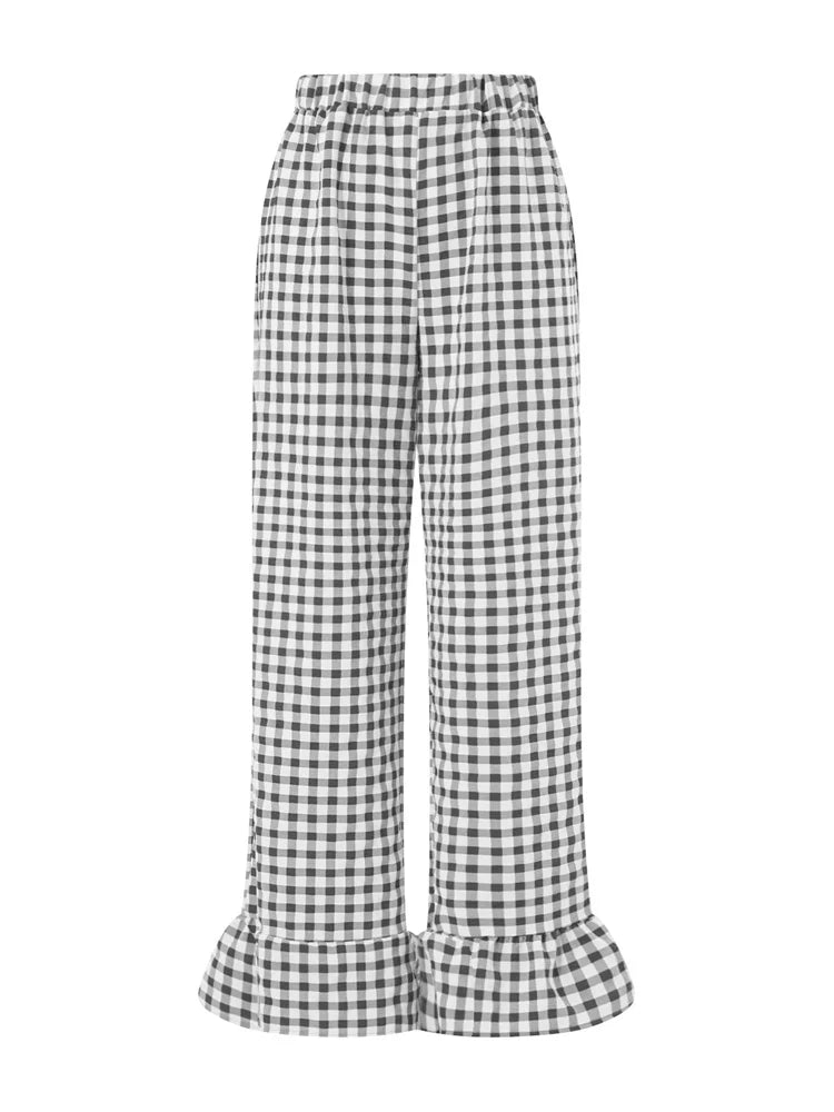 Cyflymder  Fashion Womens Plaid Print Pants Ruffles Legs Gingham Wide Leg Loose Casual Pull On Trousers Y2K Retro Chic Going Out Pants