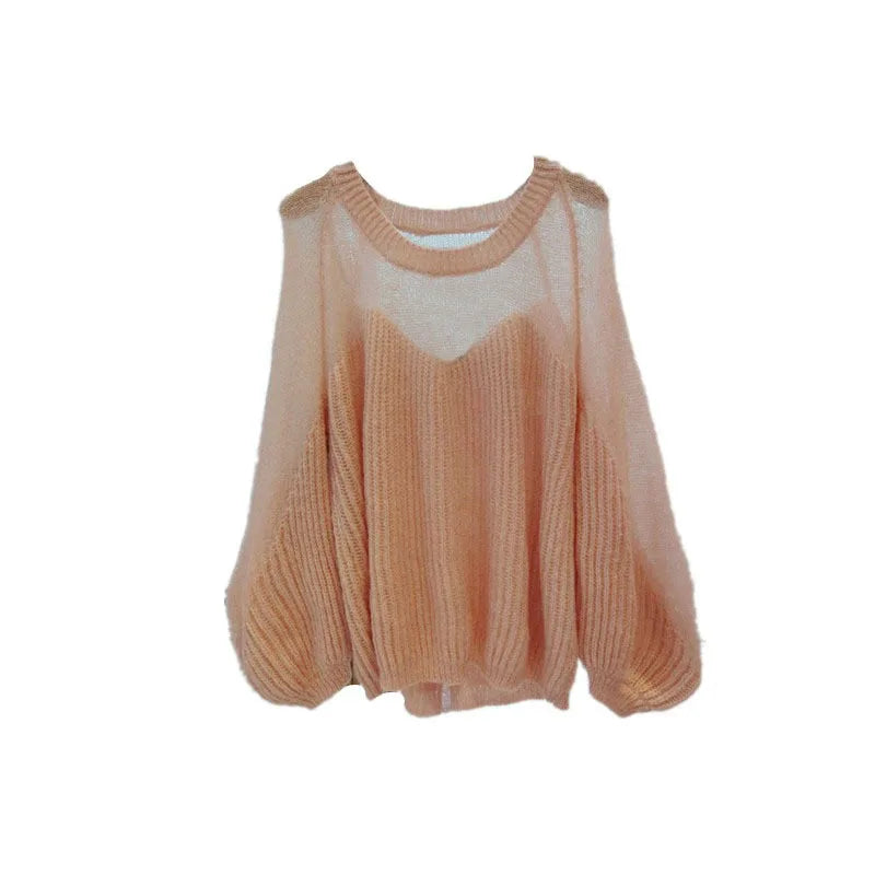 Cyflymder  Lazy Style Knitted Sweater Women Autumn Winter Loose Hollow Out Lantern Sleeve Pullover