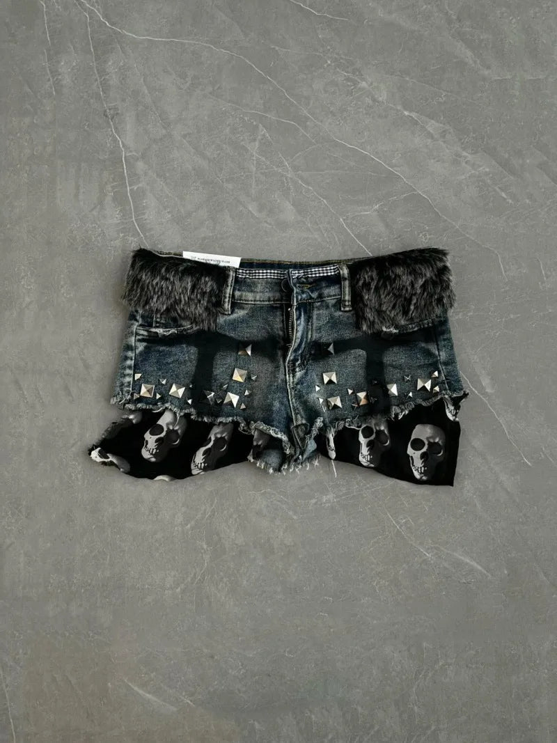 Cyflymder  Harajuku Gothic Punk Heavy Rivet Nail Hot Shorts Y2k Americn Spliced Skull Print Women Shorts Americna All Mcath Lazy Short Pant