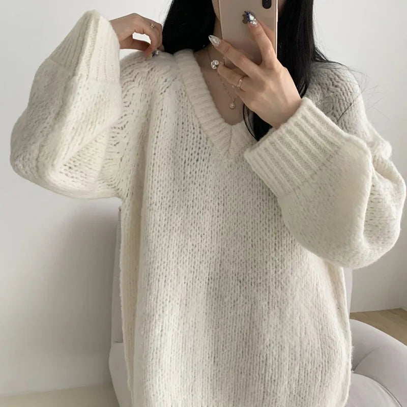Cyflymder Autumn Winter Women Knitted Sweaters Fashion Korean Oversized Simple V Neck Pullover Harajuku Solid Puff Sleeves Casual Jumpers