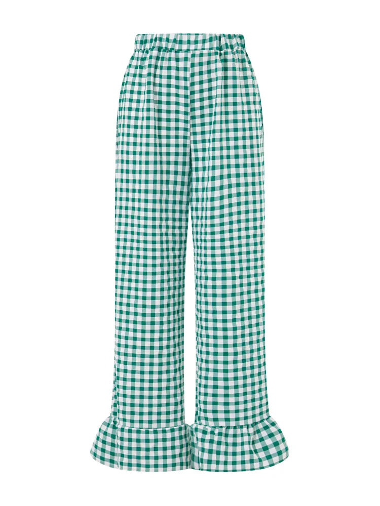 Cyflymder  Fashion Womens Plaid Print Pants Ruffles Legs Gingham Wide Leg Loose Casual Pull On Trousers Y2K Retro Chic Going Out Pants