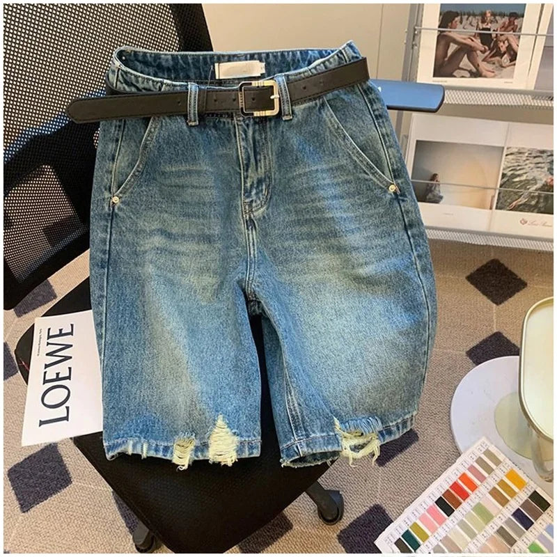Cyflymder  Retro Fun Rabbit Print Denim orts Casual High Waist Loose Straight Leg Five Crop for Men And Women Faionable Summer Trousers