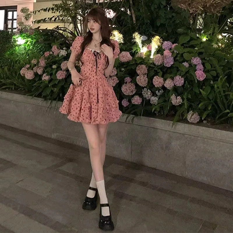 Cyflymder  Kawaii Floral Mini Dress Women Fashion Party Ruffles Print Dresses Summer Korean Cute Puff Short Sleeve Bodycon A Line Vestidos