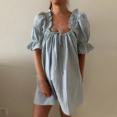 Cyflymder  Y2K Kawaii Short Puff Sleeves Mini Dress Vintage Square Neckline Tie Up Bodydall Dress Daily Party Club Loose Fit A-line Dress