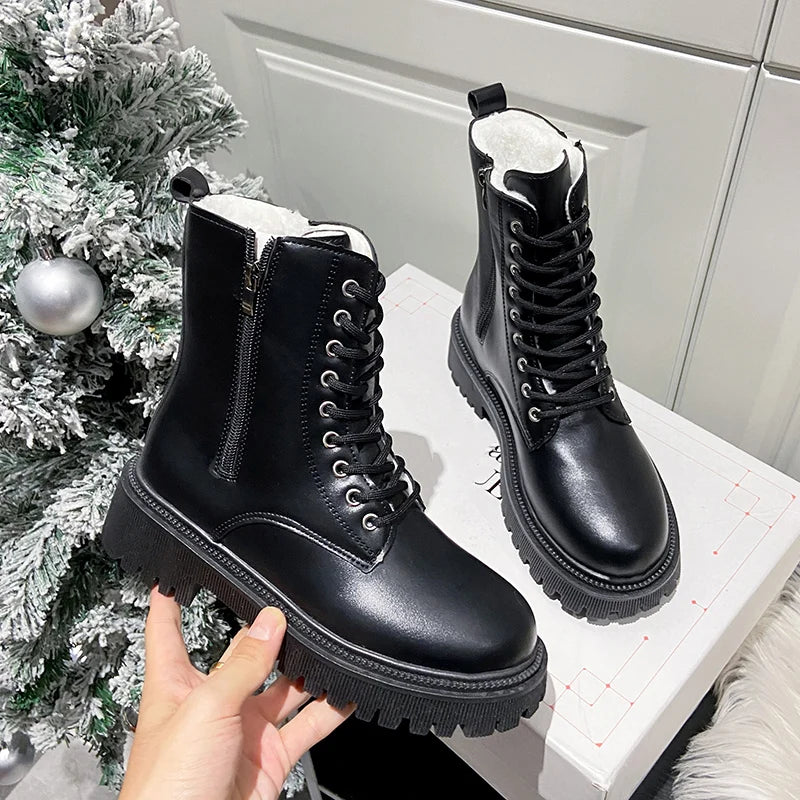 Cyflymder Women's Short Plush Warm Ankle Boots Winter Waterproof PU Leather Snow Boots Women Non-Slip Lace Up Platform Combat Booties