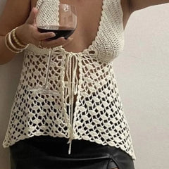 Cyflymder  Women Crochet Halter Tops Vintage Knitted Front Tie Up Tank Vest Sexy Backless Crop Tops Y2K Summer Beach Holiday