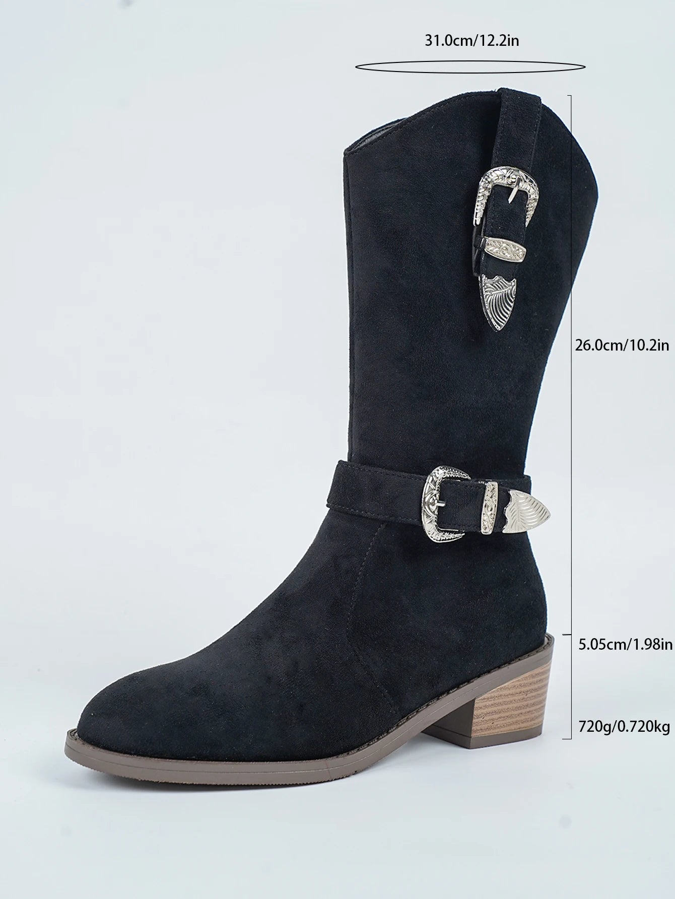 Cyflymder  Sharp pointed frosted cloth mid length boots, bimetallic buckle decorative side zipper knee length boots, plus size women's shoe