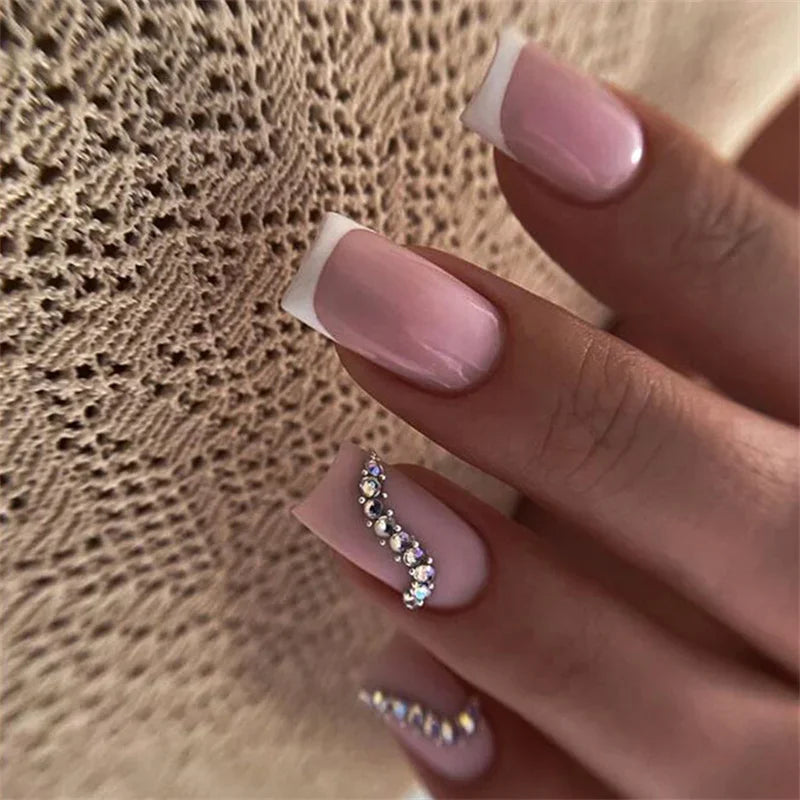 Cyflymder  24pcs Simple French False Nails With Gel White Square Head Fake Nails With Designs Short Press On Nails Natural Artificial Nail