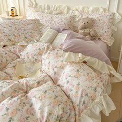 Cyflymder  Floral Print Korean Style Princess Lace Ruffles 100% Cotton Bedding Set Duvet Cover Bed Sheet/Fitted Sheet Pillowcases 3/4Pcs