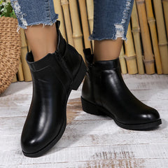 Cyflymder Pu Leather Classics Black Thick Heel Ankle Boots Metal Zipper Low Platform Woman Shoes Winter Round Toe Slip On Short Boots