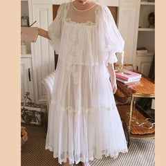 Cyflymder  Princess White Vintage Long Nightgowns Gauze Round Neck Puff Long Sleeves Cotton Nightie Loose Design Embroidery Nightdress  New