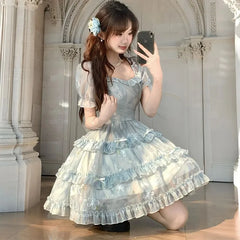 Cyflymder  Kawaii Bow Mini Dress Women Fashion Party Mesh Ruffles Patchwork Dresses Summer Korean Puff Short Sleeve Bodycon Design Vestidos