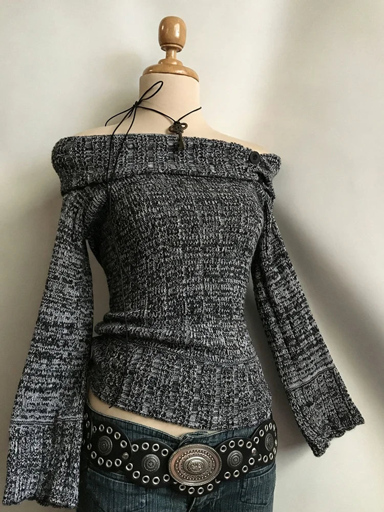 Cyflymder  Y2K Women's New Off Shoulder Sweater Fashion Side Button Long Sleeve Punk Slimming Retro Hoodie High Street Gothic Street
