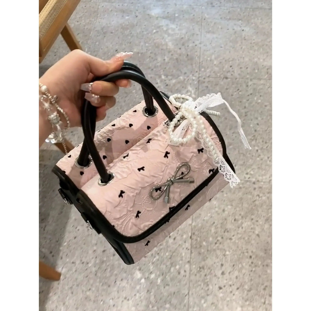 Cyflymder   Korean Style Sweet Cute Bow Handbag Women Pleated Lace Gentle Shoulder Bags Ladies Lovely Print Pattern Exquisite Crossbody Bag