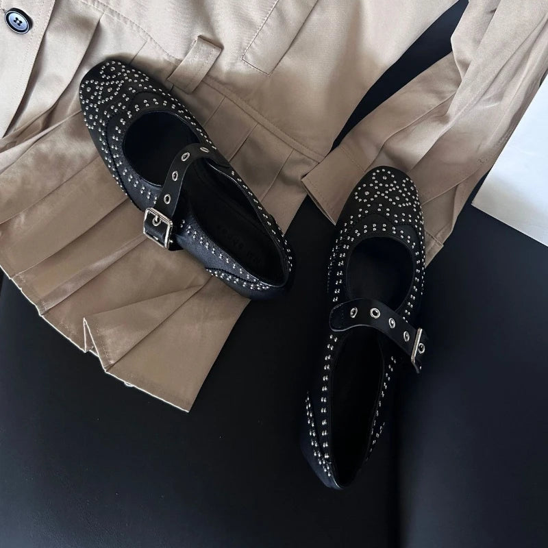 Cyflymder  Retro Rivet Buckle Design Flats Women Round Toe Shallow Elegant Mary Jane Shoes for Ladies Fashion Brand Designer Casual Shoes