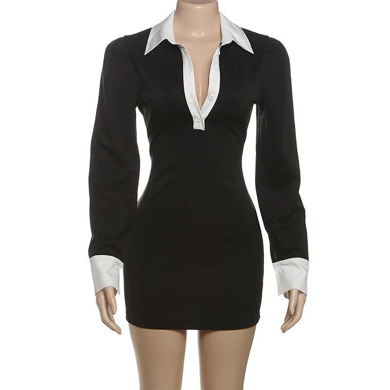 Cyflymder  Color Patchwork Mini Dress Autumn Women Fashion Turn Down Collar Long Sleeve Slim Bodycon Streetwear Office Lady Outfits