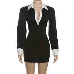 Cyflymder  Color Patchwork Mini Dress Autumn Women Fashion Turn Down Collar Long Sleeve Slim Bodycon Streetwear Office Lady Outfits