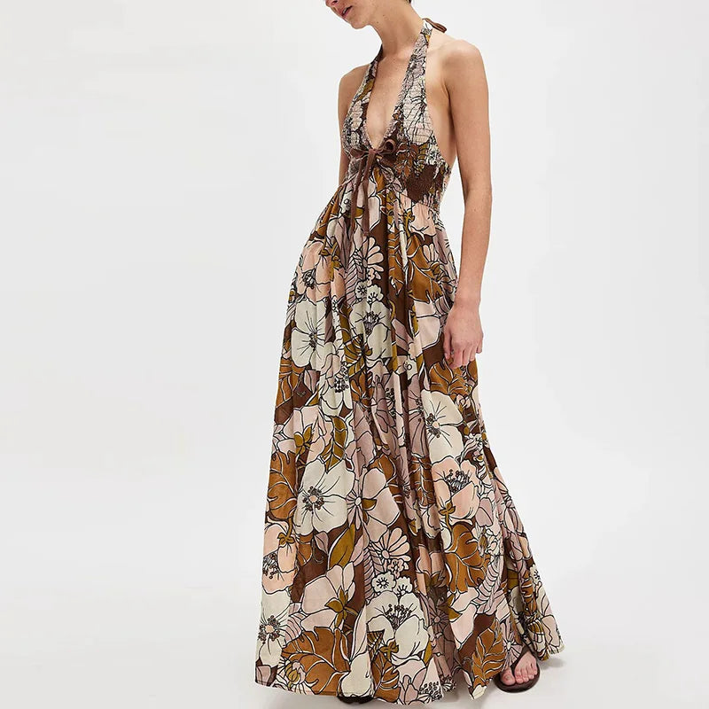 Cyflymder  Vintage Floral Printed Halter Evening Dress Sexy Off Shoulder High Waist Pleated Dress Trendy Backless Swing Women's Beach Dress