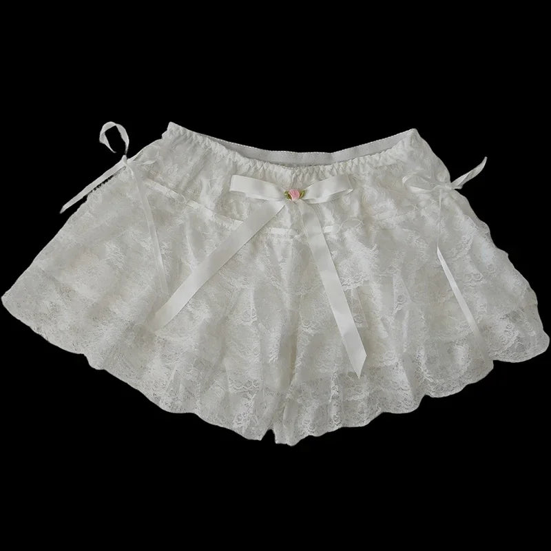 Cyflymder  Multilayer Lace Shorts Women Lolita Ribbons Flower Ruffles Elastic Waist Cute Bottoming Shorts for Sweet Girls Kawaii Clothes
